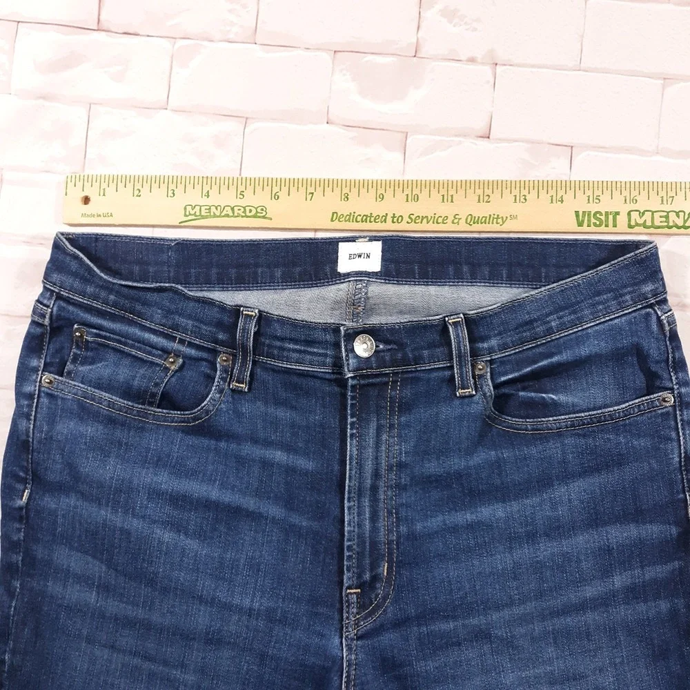 Edwin Jeans Size 32 x 26.5 Blue Cotton Blend Made In USA Frayed Cuff Tapered